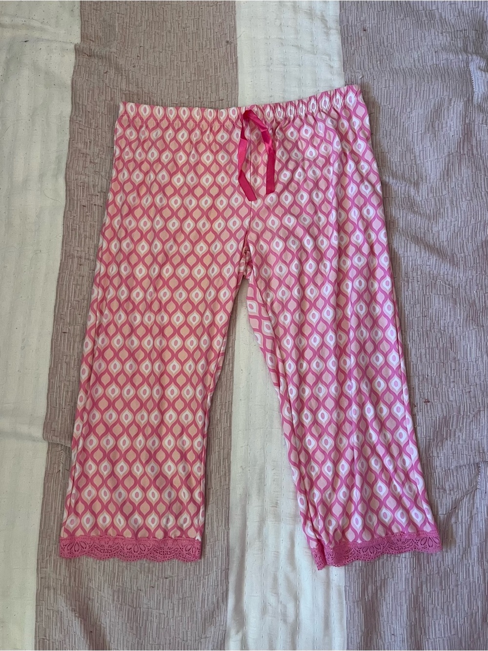 Y2K 2000s Pink Orange Cream Geometric Design Lounge Pants Lace cuff bottoms L